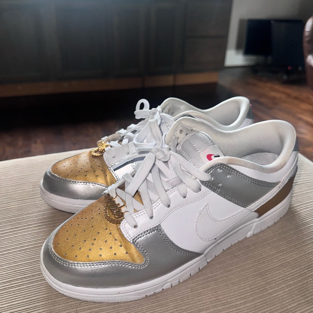 Nike Dunk Women's Shoes in White, Gold, and Silver